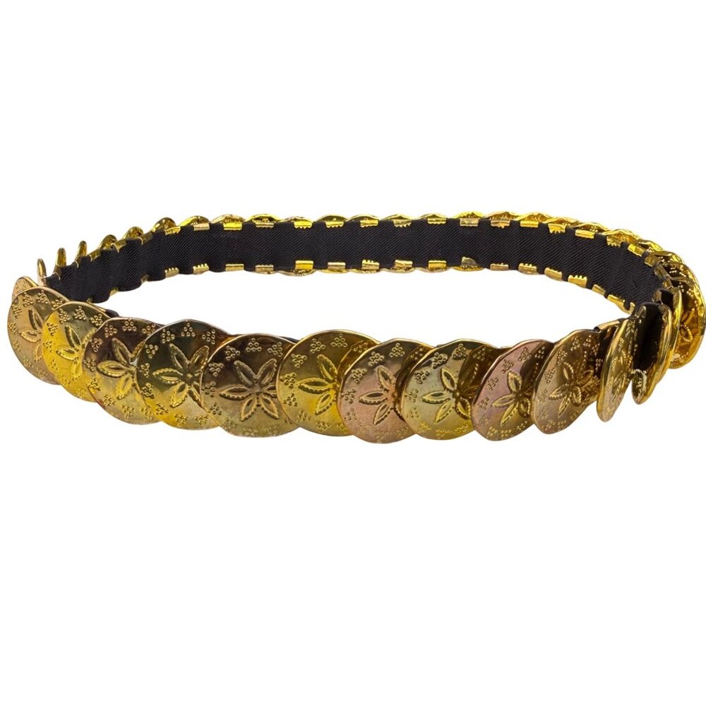 Vintage Gold-Tone & Black Floral Medallion Stretch Belt For Women One Size Adjus